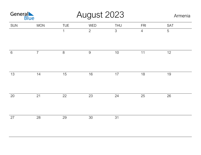 Printable August 2023 Calendar for Armenia