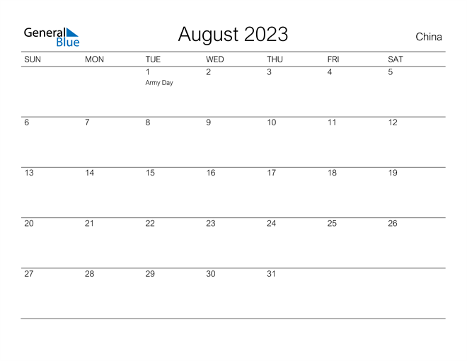 Printable August 2023 Calendar for China