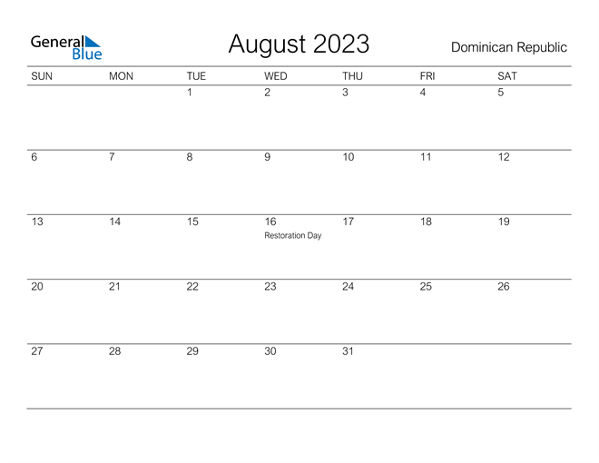Printable August 2023 Calendar for Dominican Republic