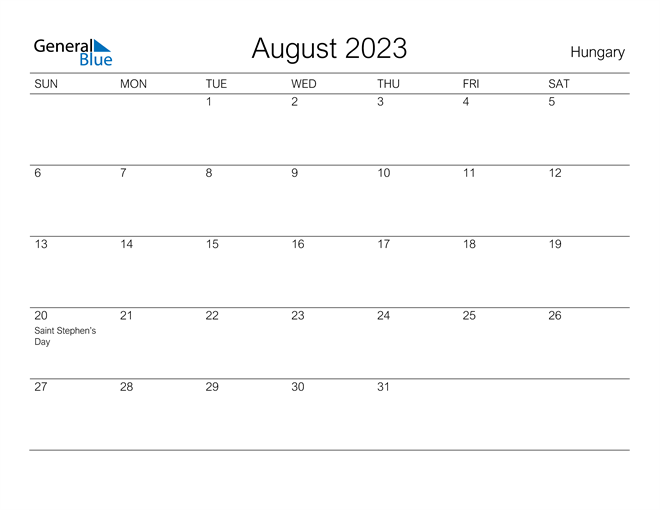 Printable August 2023 Calendar for Hungary