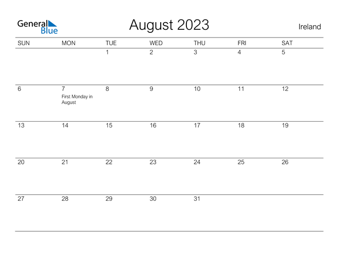 August 2023 Calendar with Ireland Holidays