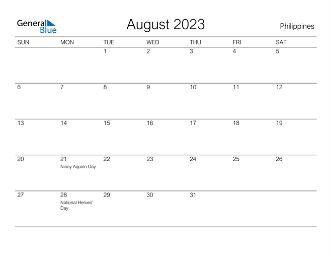 August 2023 Calendar with Philippines Holidays