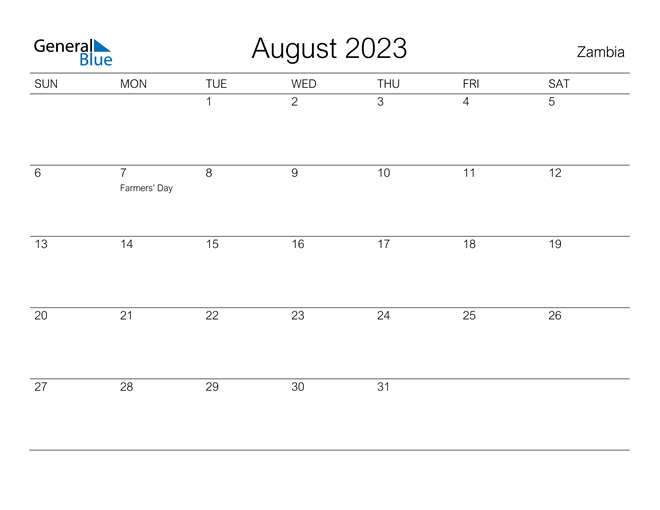 Printable August 2023 Calendar for Zambia