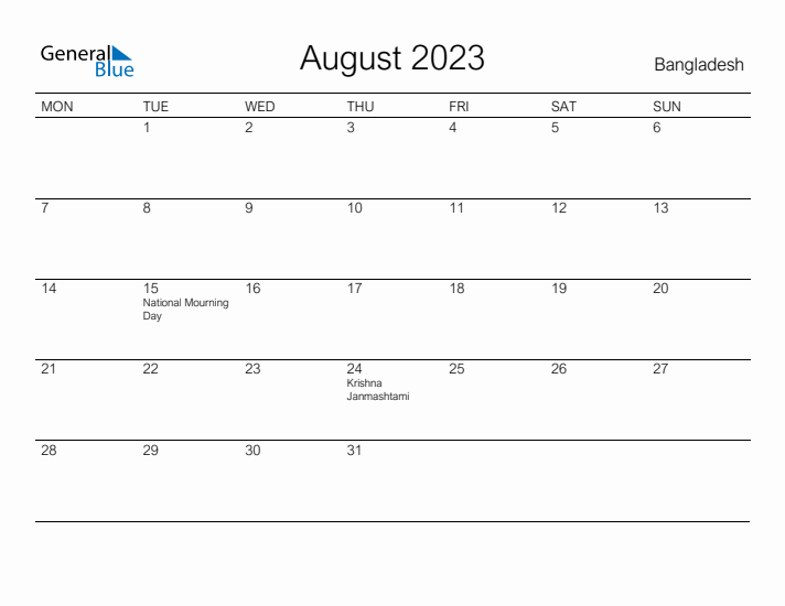 Printable August 2023 Calendar for Bangladesh