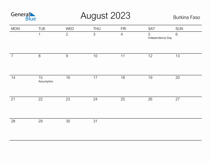 Printable August 2023 Calendar for Burkina Faso