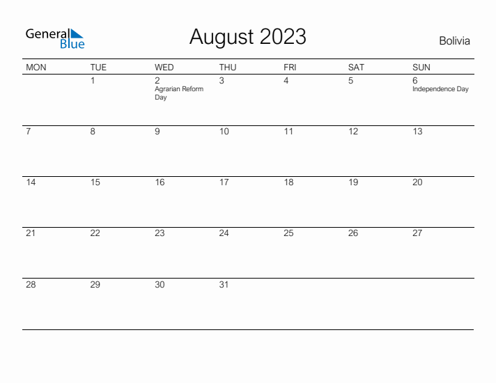 Printable August 2023 Calendar for Bolivia