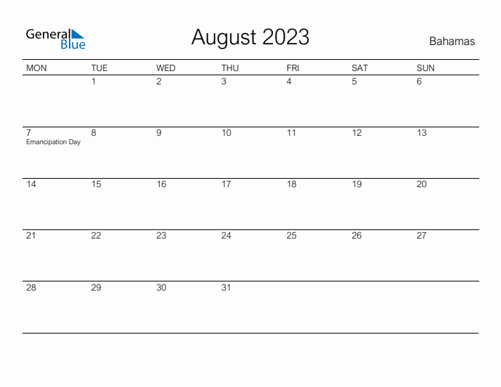 Printable August 2023 Calendar for Bahamas