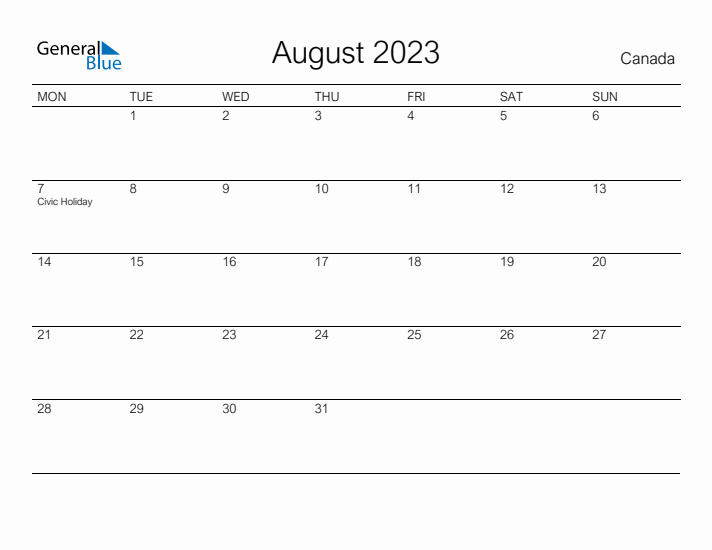 Printable August 2023 Calendar for Canada