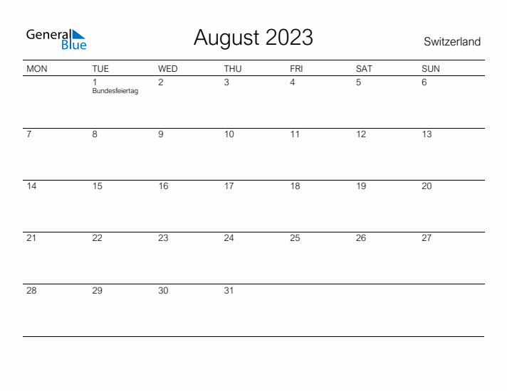 Printable August 2023 Calendar for Switzerland