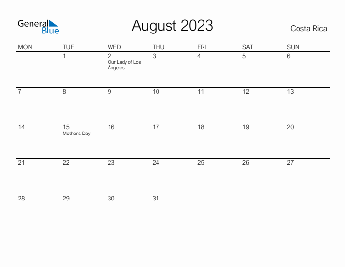 Printable August 2023 Calendar for Costa Rica