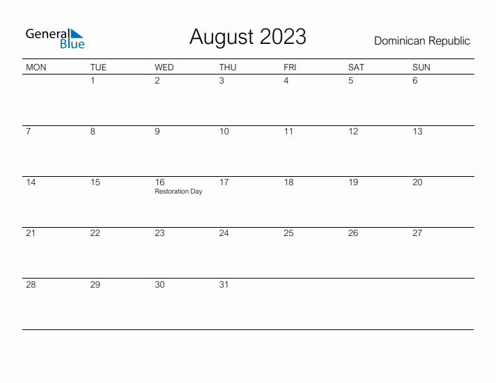 Printable August 2023 Calendar for Dominican Republic