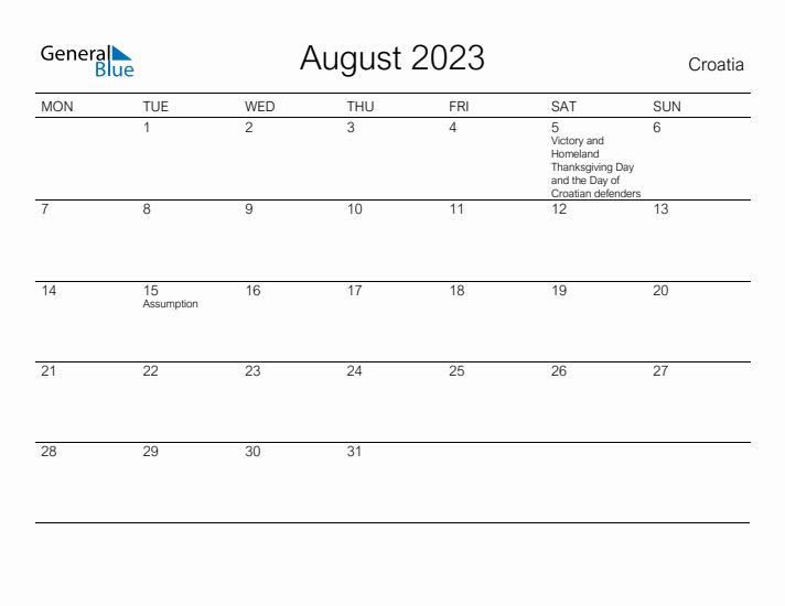 Printable August 2023 Calendar for Croatia
