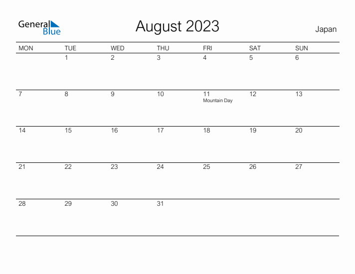 Printable August 2023 Calendar for Japan