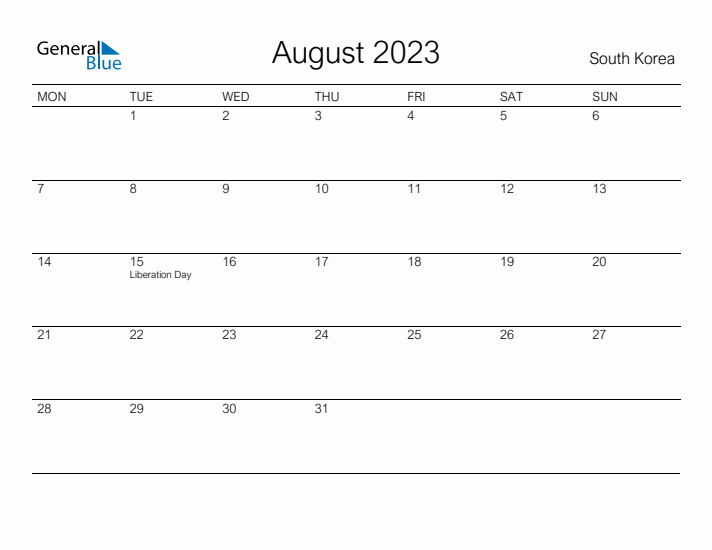 Printable August 2023 Calendar for South Korea