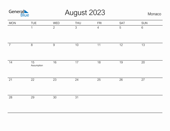 Printable August 2023 Calendar for Monaco