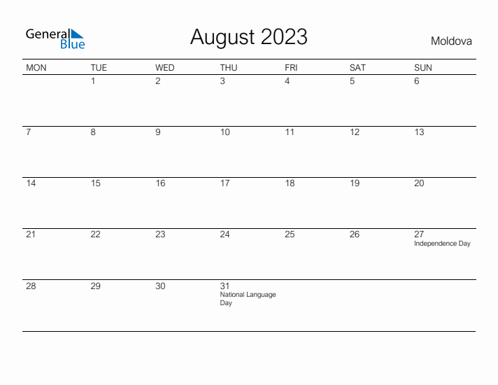 Printable August 2023 Calendar for Moldova