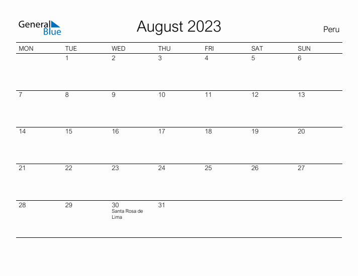 Printable August 2023 Calendar for Peru