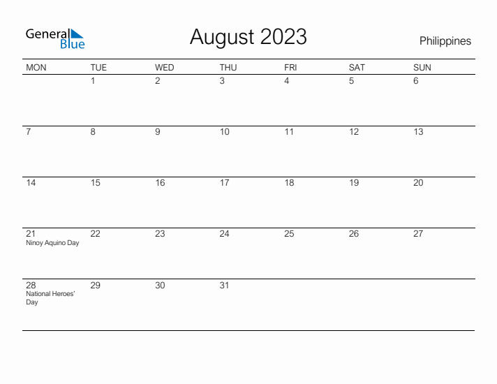 Printable August 2023 Calendar for Philippines