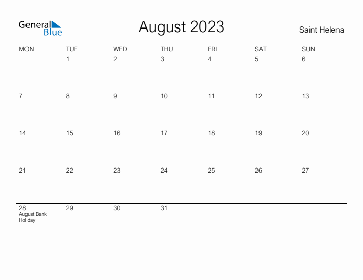 Printable August 2023 Calendar for Saint Helena
