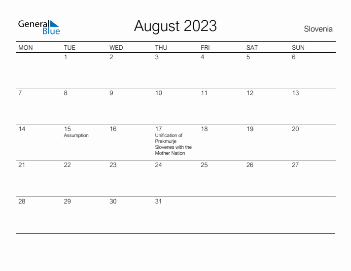 Printable August 2023 Calendar for Slovenia