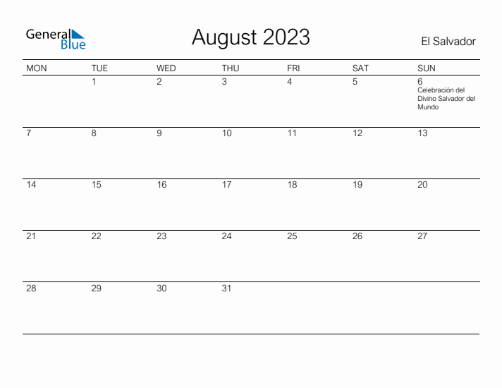 Printable August 2023 Calendar for El Salvador