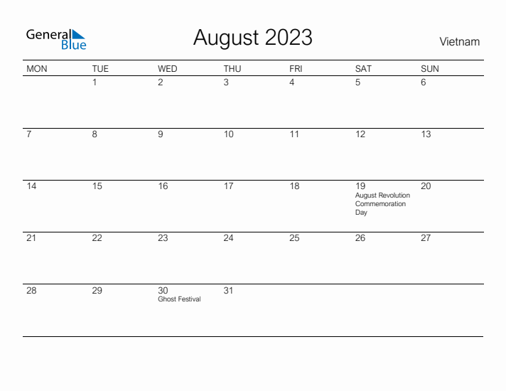 Printable August 2023 Calendar for Vietnam
