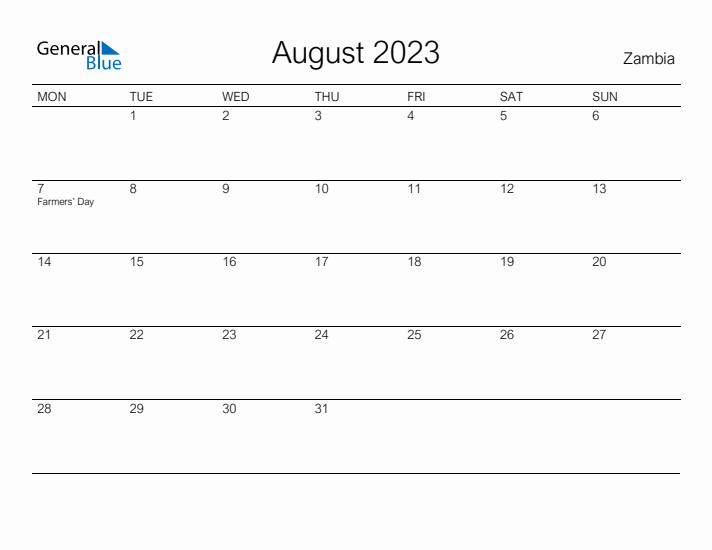 Printable August 2023 Calendar for Zambia