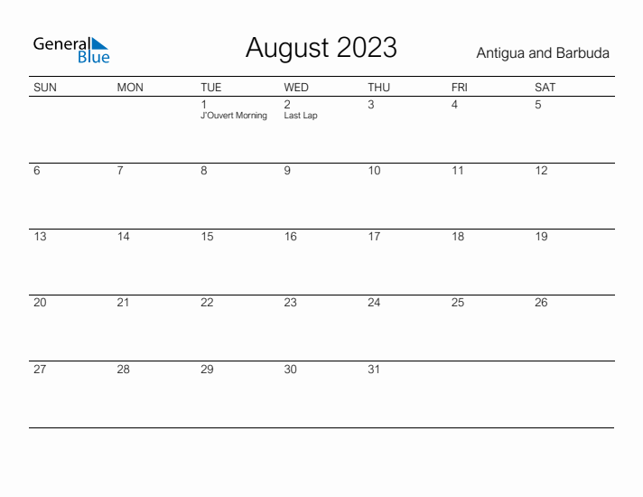 Printable August 2023 Calendar for Antigua and Barbuda