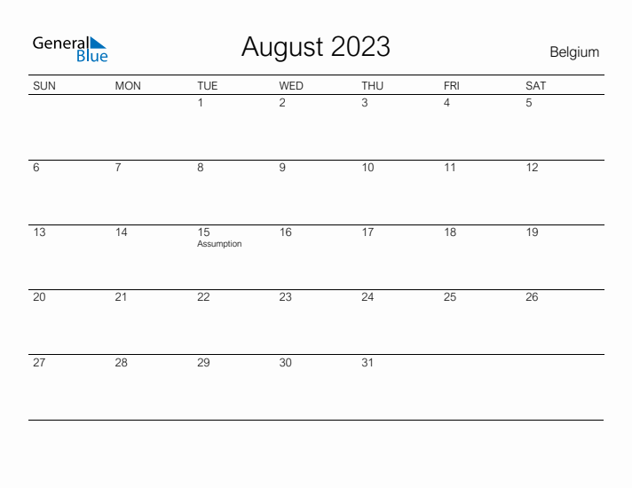 Printable August 2023 Calendar for Belgium