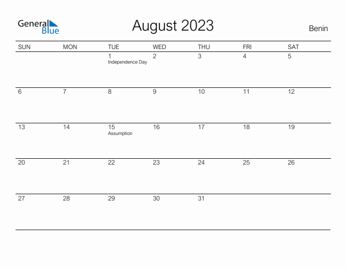 Printable August 2023 Calendar for Benin