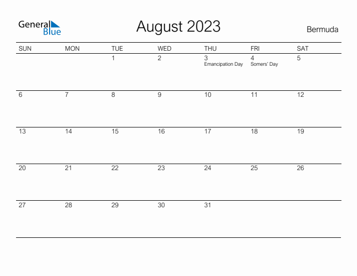 Printable August 2023 Calendar for Bermuda