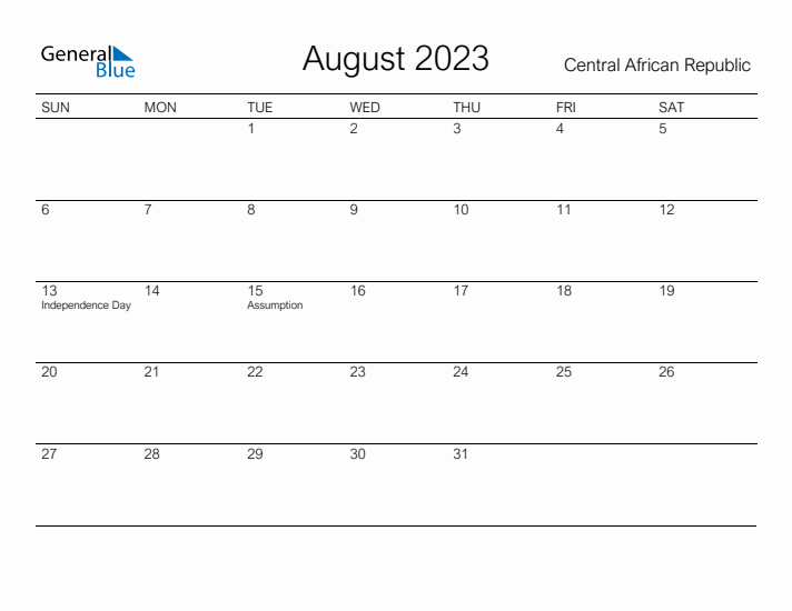 Printable August 2023 Calendar for Central African Republic
