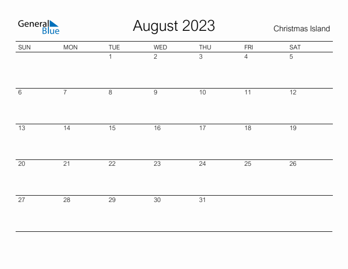 Printable August 2023 Calendar for Christmas Island