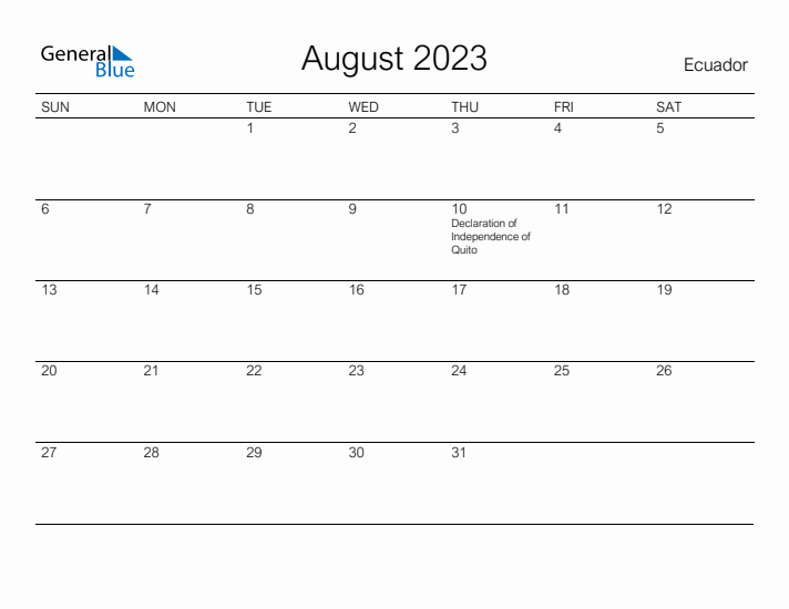 Printable August 2023 Calendar for Ecuador