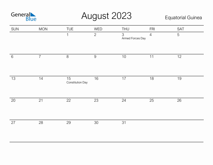 Printable August 2023 Calendar for Equatorial Guinea