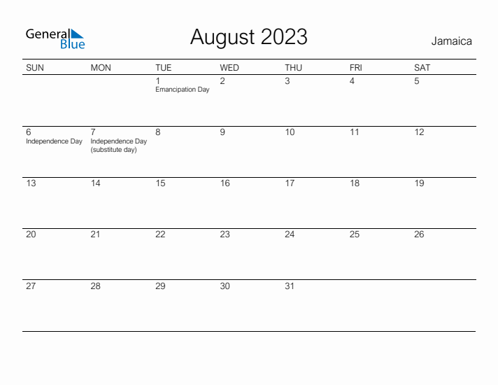 Printable August 2023 Calendar for Jamaica