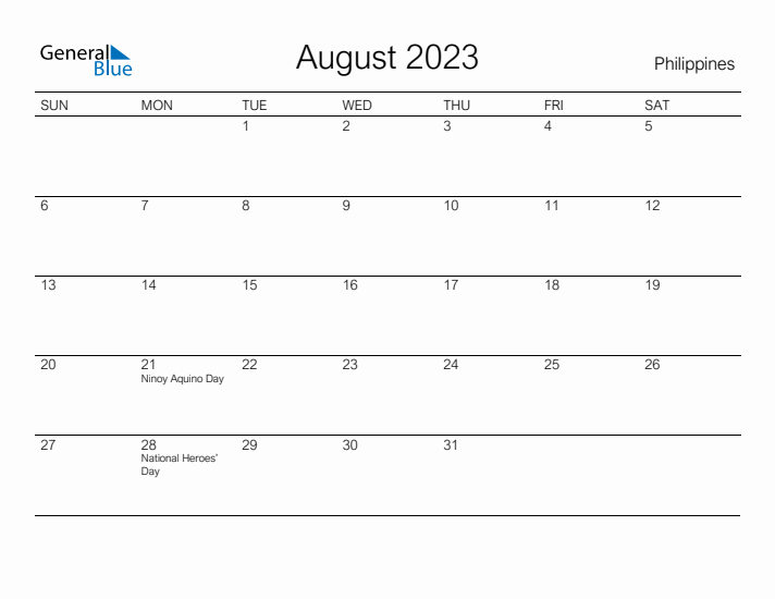 Printable August 2023 Calendar for Philippines
