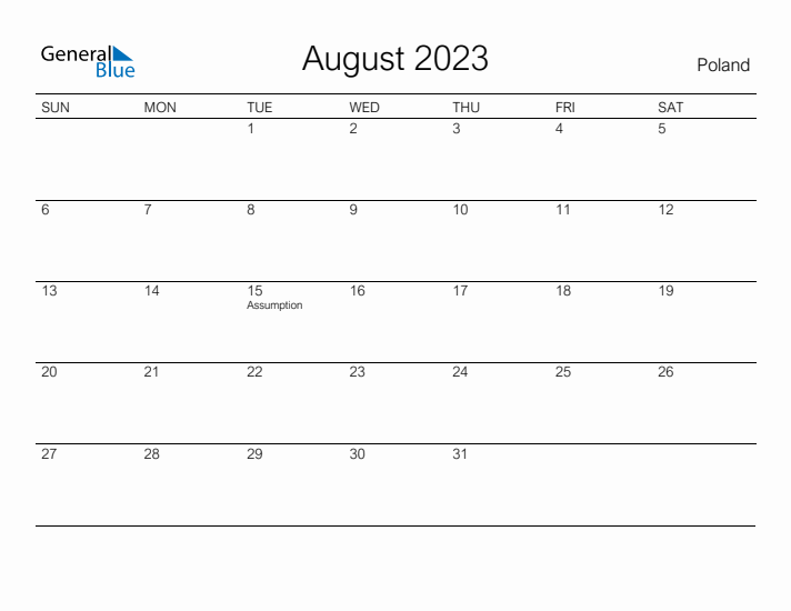 Printable August 2023 Calendar for Poland
