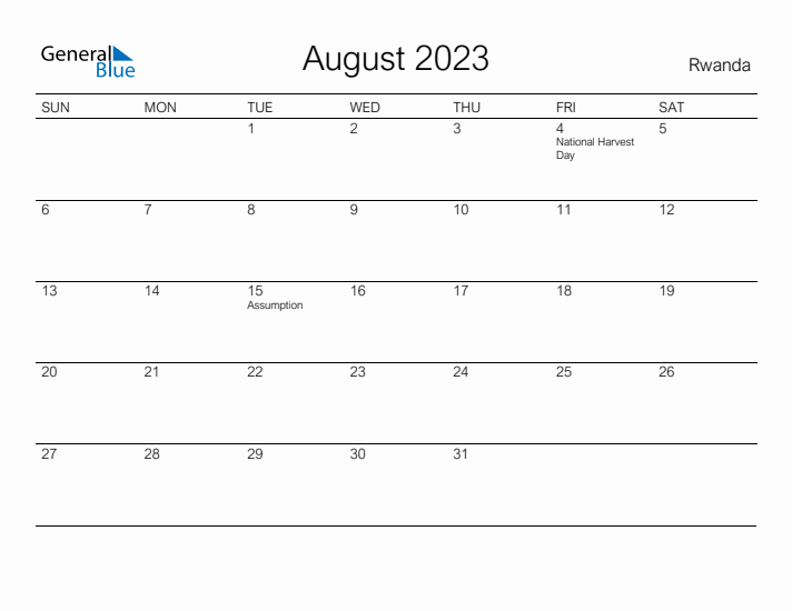 Printable August 2023 Calendar for Rwanda