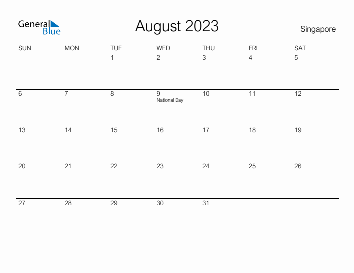 Printable August 2023 Calendar for Singapore
