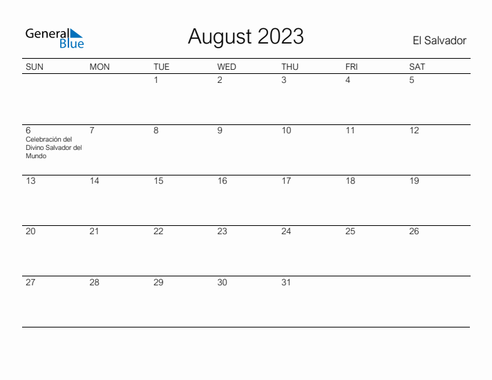 Printable August 2023 Calendar for El Salvador
