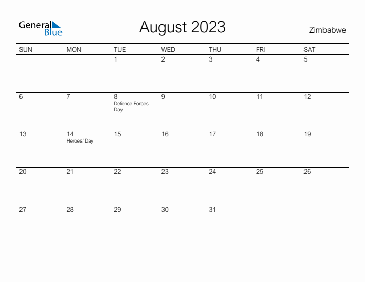 Printable August 2023 Calendar for Zimbabwe