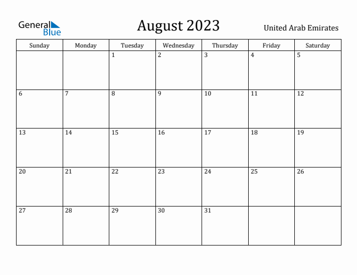 August 2023 Calendar United Arab Emirates