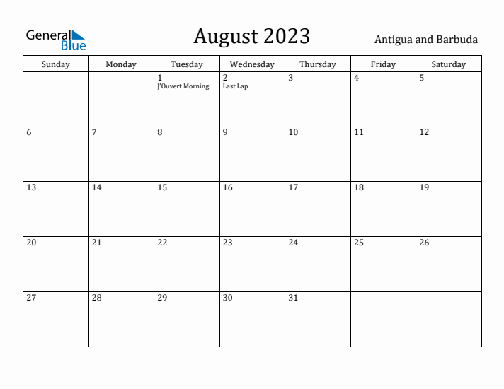 August 2023 Calendar Antigua and Barbuda