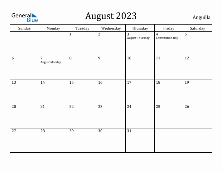 August 2023 Calendar Anguilla