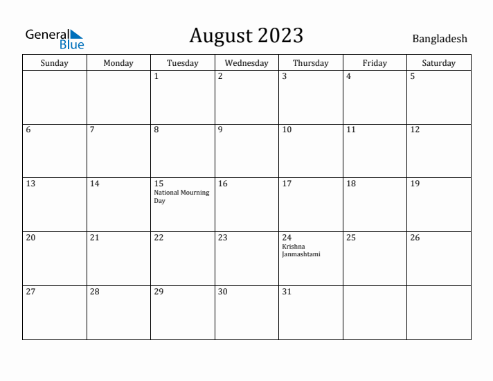 August 2023 Calendar Bangladesh