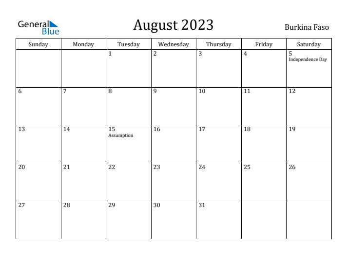 August 2023 Calendar Burkina Faso