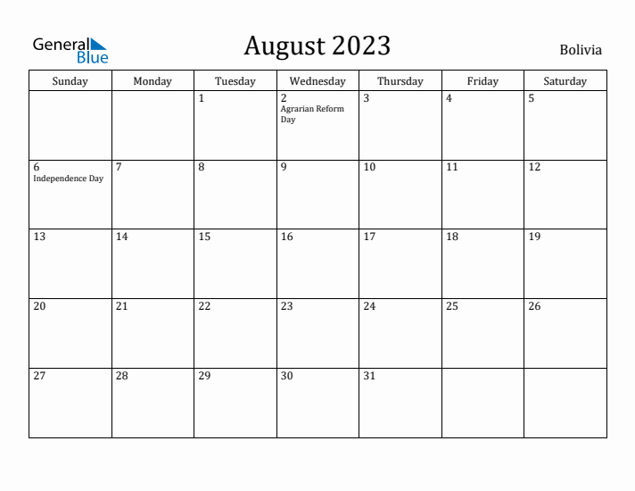 August 2023 Calendar Bolivia