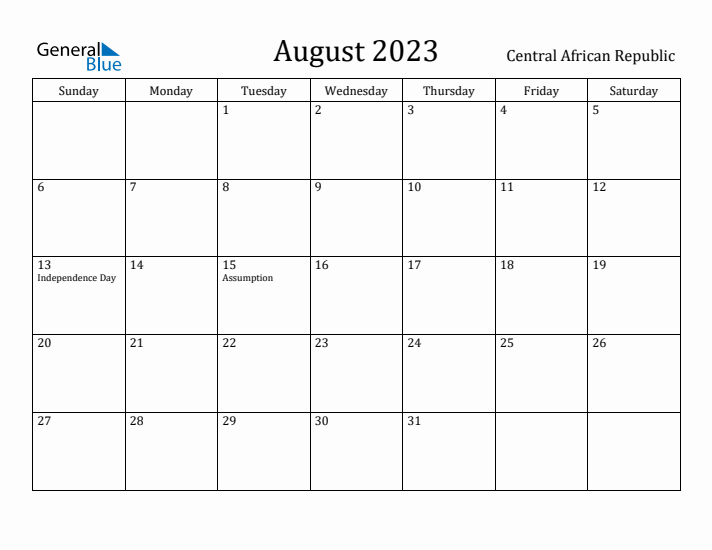 August 2023 Calendar Central African Republic
