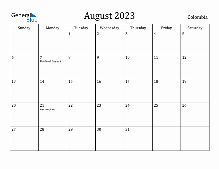 August 2023 Calendar Colombia